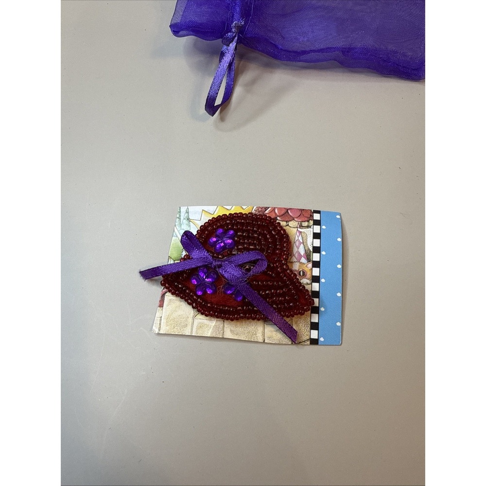 Red Hat Society Pin Beaded With Ribbon Bow